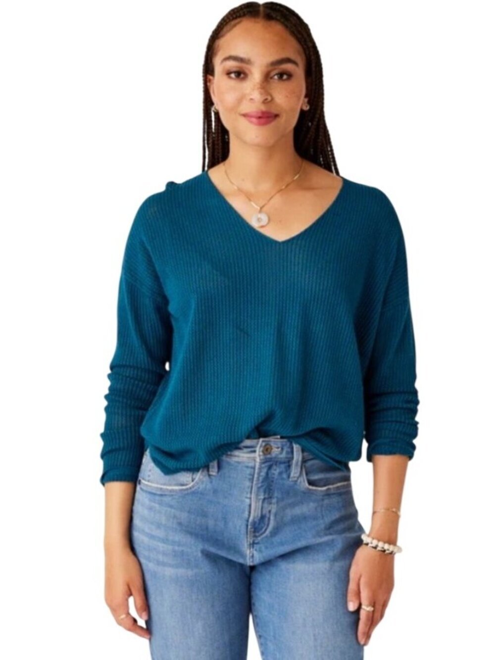 Carve designs Zella Womens Mesh Pullover top Azul V-Neck Long Sleeve Lightweight